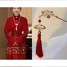 古風紅色流蘇髮簪女高級感旗袍髮釵新中式後腦勺檀木盤髮簪子頭飾 歷史價格詳細信息