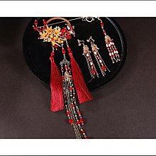 新中式秀禾服紅色花朵流蘇髮簪耳夾套裝新娘頭飾晨袍旗袍婚禮配飾 歷史價格詳細信息