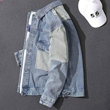 新款三色拼接牛仔外套男潮破洞修身潮牌街頭時尚撞色翻領夾克 歷史價格詳細信息