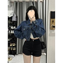港風牛仔外套女pu皮拼接夾克2024秋新不規則皮衣短版上衣 歷史價格詳細信息