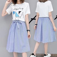 下殺-裙子單/套裝夏季學生韓版寬松條紋短袖T恤女闊腿褲休閑時尚兩件套ins 歷史價格詳細信息