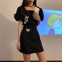 下殺-短裙時尚兩件套裝女學生新款夏季蝴蝶刺繡方領上衣+高腰半身裙子 歷史價格詳細信息