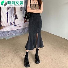 開叉牛仔裙女ins潮小眾毛邊高腰不規則直筒中長a字半身復古包臀裙 歷史價格詳細信息