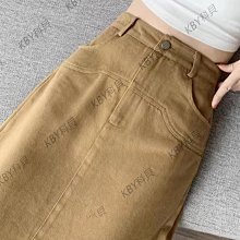 卡其色牛仔半身裙女2023新款復古松緊腰系帶一步裙中長款包臀裙子-kby科貝 歷史價格詳細信息
