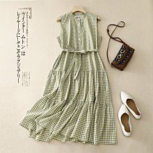 實拍2023夏季新款棉麻復古格子無袖連衣裙中長款大小格拼接A字裙~壹號女裝 價格比較,價格查詢,歷史價格詳細信息