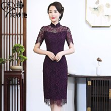 蕾絲旗袍連衣裙 減齡字裙 春夏秋季新款韓版改良少女連衣裙 短袖立領收腰顯瘦小個子時尚媽媽裝仙女裙子 小清新減齡裝及膝裙 歷史價格詳細信息