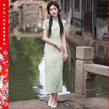 【台灣出貨】 新款印花旗袍雙層年輕款少女感修身顯瘦氣質長款清新／6876( 綠色)  ????東方美人???? 歷史價格詳細信息