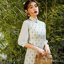 蕾絲旗袍連衣裙 減齡字裙 春夏秋季新款韓版改良少女連衣裙 短袖立領收腰顯瘦小個子時尚媽媽裝仙女裙子 小清新減齡裝及膝裙 歷史價格詳細信息