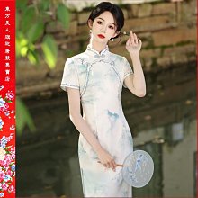 【台灣出貨】 新款印花旗袍雙層年輕款少女感修身顯瘦氣質長款清新／6876( 綠色)  ????東方美人???? 歷史價格詳細信息