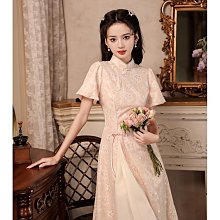 旗袍新中式香檳色訂婚禮服裙2024新款敬酒服掛脖衣服一字肩小個子旗袍 歷史價格詳細信息
