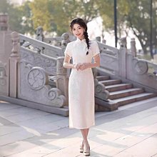 蕾絲旗袍連衣裙 減齡字裙 春夏秋季新款韓版改良少女連衣裙 短袖立領收腰顯瘦小個子時尚媽媽裝仙女裙子 小清新減齡裝及膝裙 歷史價格詳細信息