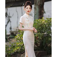 新中式改良旗袍白色小飛袖連衣裙女夏季高級感氣質收腰顯瘦長裙子-簡單女裝 歷史價格詳細信息