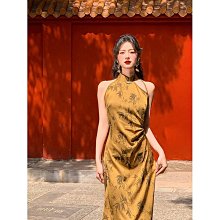 女裝 新中式掛脖顯瘦不規則長裙子 女夏季法式復古設計感吊帶 印花連衣裙-簡單女裝 歷史價格詳細信息