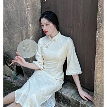 五分袖旗袍 旗袍洋裝 改良旗袍 白色領證訂婚旗袍秋季新款2023年輕款少女高端氣質蕾絲修身連衣裙179 LS004 歷史價格詳細信息