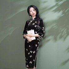 改良式旗袍 七分袖旗袍洋裝 改良旗袍 長款旗袍 2024年秋季新款改良旗袍日常修身雕花絨年輕款日常國風波點綠色女 XL006 歷史價格詳細信息