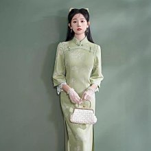 改良式旗袍 七分袖旗袍洋裝 改良旗袍 長款旗袍 2024年秋季新款改良旗袍日常修身雕花絨年輕款日常國風波點綠色女 XL006 歷史價格詳細信息