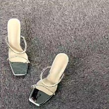 Heels Shoes 2024歐美新款簡約百搭方頭一字帶粗跟露趾高跟涼鞋女 歷史價格詳細信息