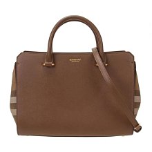 BURBERRY 8084486 BANWELL 質感牛皮拼接格紋棉麻手提斜背兩用包.深藍 歷史價格詳細信息