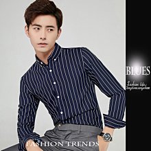 【Blues】S582-簡潔時尚氣質深藍條紋長袖襯衫 日系 窄身 休閒 英倫 韓系 歷史價格詳細信息
