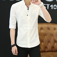 夏季短袖襯衫男韓版潮流緊身五分袖襯衫休閒拼接髮型師五分袖上衣服 歷史價格詳細信息