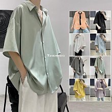熱銷 夏裝男生七分袖襯衫M-XXL韓版西裝領襯衣 時尚古巴領OVERSIZE男襯衫4色逆主流-可開發票 歷史價格詳細信息