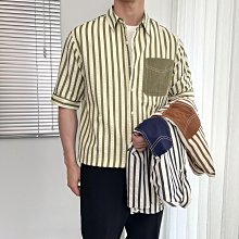 條紋短袖襯衫 設計感條紋口袋中袖襯衫男休閑透氣上衣夏季韓版色織短袖襯衣 NM013 歷史價格詳細信息