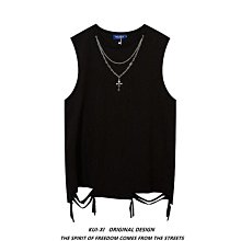 【美式街頭背心T】 破洞背心男夏季新款暗黑系ins高街嘻哈撕裂破洞寬松無袖T恤男女款 歷史價格詳細信息