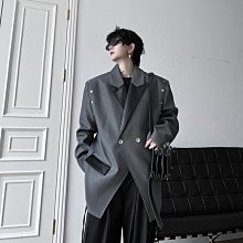 韓版雙排釦風衣外套暗黑設計感男裝2023年秋裝個性拼色單排扣夾克毛邊小眾外套寬松工裝外套 歷史價格詳細信息