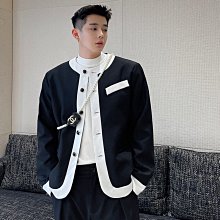 韓版雙排釦風衣外套暗黑設計感男裝2023年秋裝個性拼色單排扣夾克毛邊小眾外套寬松工裝外套 歷史價格詳細信息