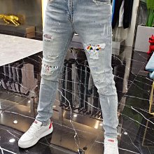 破洞牛仔褲男2023春秋新款薄款修身個性針縫潮流小腳潮牌高端長褲 歷史價格詳細信息