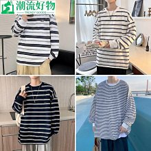 條紋長袖T恤 薄款衛衣大學T（非毛衣）韓版寬鬆休閒長袖T恤男 男友風 圓領套頭男生長T 大學T(GJW18)【壹號站】 歷史價格詳細信息