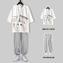 七分袖t恤男潮牌ins寬松大碼寬鬆圓領短袖痞帥潮流衣服男@木吉街風男裝 歷史價格詳細信息