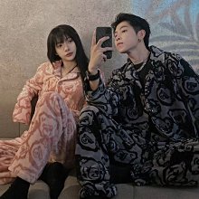 法蘭毛絨情侶睡衣男女款冬季加厚珊瑚絨黑色條紋小醜加大碼家居服 歷史價格詳細信息