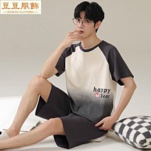 男士睡衣夏季純棉薄款圓領短袖青少年寬鬆休閒簡約條紋短褲家居服 歷史價格詳細信息