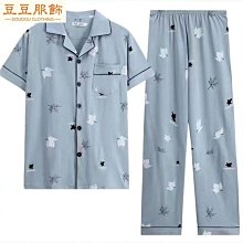 睡衣 棉質短袖男士睡衣夏天翻領開衫薄款長褲套裝寬松大碼休閑家居服 歷史價格詳細信息