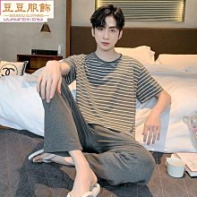 睡衣男士夏季條紋短袖長褲2024年男款薄款可外穿家居服套裝 歷史價格詳細信息