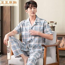 夏季男士短袖短褲家居服中老年純棉系扣開衫睡衣薄款格子休閑套裝-佳藝居 歷史價格詳細信息