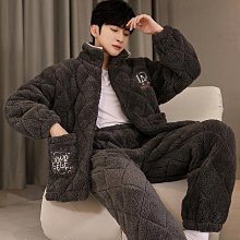 冬季新款睡衣男士三層夾棉法蘭絨厚款保暖簡約大碼外出家居服套裝 歷史價格詳細信息
