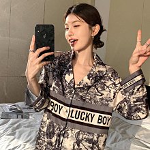 夏季冰絲綢薄款睡衣女夏天長袖寬松版休閑套裝開衫翻領網紅居家服 歷史價格詳細信息