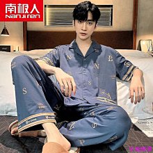 南極人男士睡衣男夏季冰絲薄款短袖短褲 青年睡衣睡褲男款仿真絲男式家居服套裝 藏青金羽毛款XL 睡衣 家居服虎虎男裝 歷史價格詳細信息