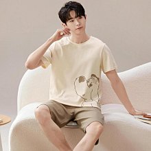 純棉睡衣 夏季居傢服 薄款圓領睡衣 可外穿睡衣 [D718]睡衣男青少年男士半袖睡衣青年薄款短袖長褲卡通傢居服純棉套裝夏 歷史價格詳細信息
