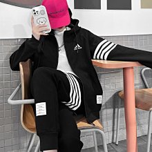 三道槓運動套裝女春秋季學生大尺碼bf黑色厚棉T衛褲休閒兩件式跑步服 歷史價格詳細信息