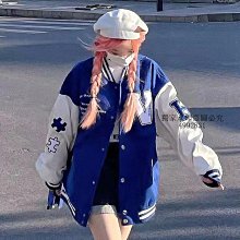 克萊因藍棒球服女春秋ins潮寬松bf慵懶風美式復古炸街外套 歷史價格詳細信息