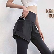 瑜伽跑步訓練健身運動褲女假兩件長褲高腰彈力速幹緊身  翹臀顯瘦彈力網布速幹防走光 長褲短褲假兩件套 大碼軍綠色 歷史價格詳細信息