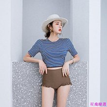 少女泳衣 學生條紋分體裙式平角游泳衣 中大童兒童溫泉泳衣 女童泳裝 歷史價格詳細信息