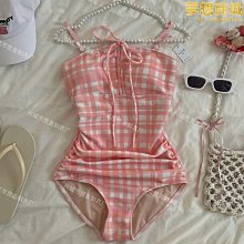 格子連體泳衣女2024新款韓國性感顯瘦遮肚遊泳衣平角裙式系帶泳裝 歷史價格詳細信息