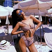 新款格纹泳衣，性感高腰比基尼，优质面料，沙滩装Y97 歷史價格詳細信息