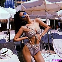 新款格纹泳衣，性感高腰比基尼，优质面料，沙滩装Y97 歷史價格詳細信息