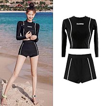 韓國保守防曬長袖高腰游泳衣女分體平角溫泉顯瘦少女學生遮肚泳裝 歷史價格詳細信息