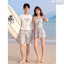 新款情侶款遊泳衣女兩件式裙保守短袖四角褲男士大尺碼泳裝五分褲溫泉 歷史價格詳細信息